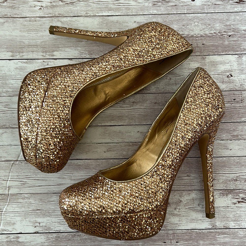 Bakers Gold Glitter Sequin Platform High Heel Pumps S… Gem